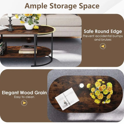 Oval Coffee Table 2-Tier Wooden Accent Table with Spacious Tabletop and Open Storage Shelf-Rustic Brown - Rustic Brown