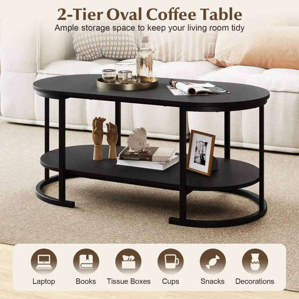 Oval Coffee Table 2-Tier Wooden Accent Table with Spacious Tabletop and Open Storage Shelf-Black - Black - Coffee Tables