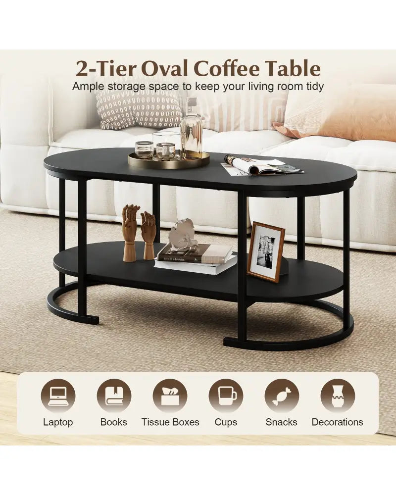 Oval Coffee Table 2-Tier Wooden Accent Table with Spacious Tabletop and Open Storage Shelf-Black - Black - Coffee Tables