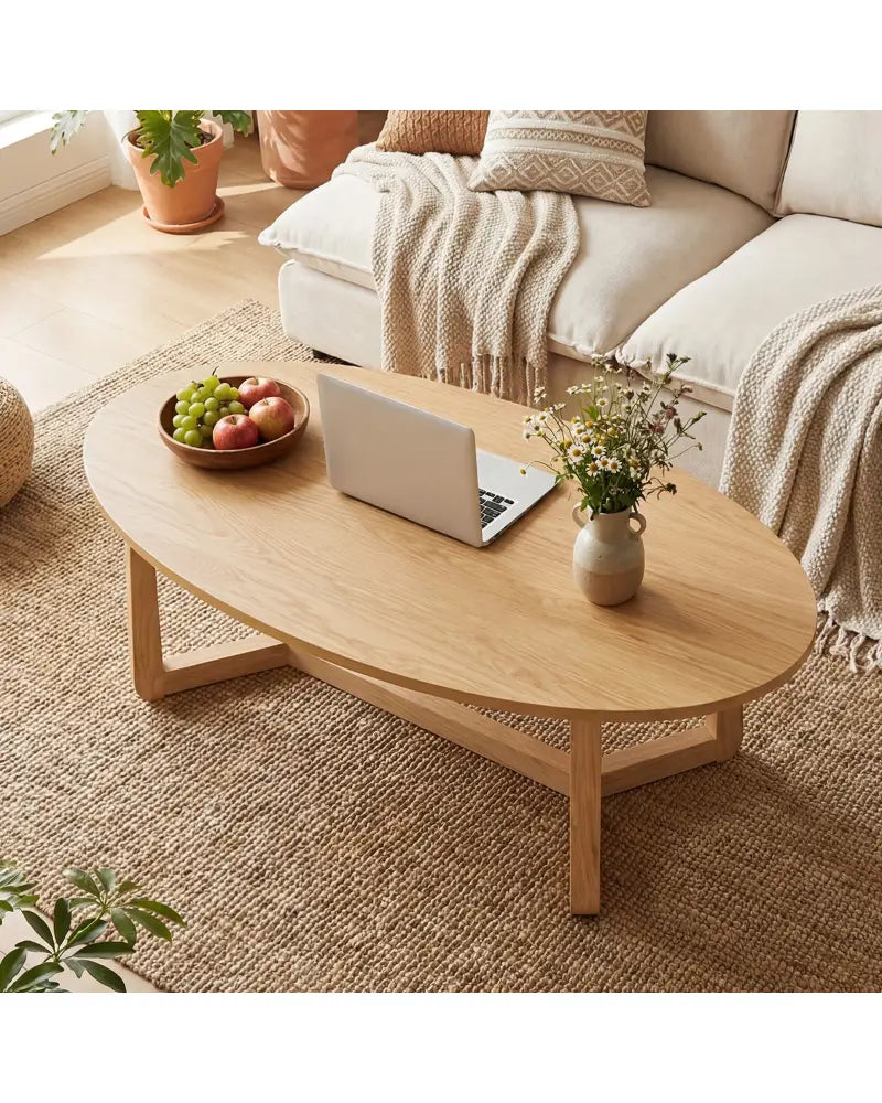 Oval Coffee Table 46 Inches Wooden Accent Table with Thickened Top-Natural - Natural - Coffee Tables