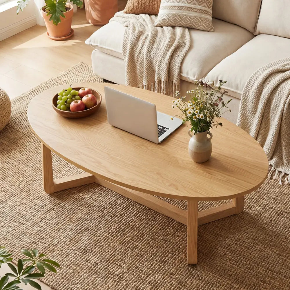 Oval Coffee Table 46 Inches Wooden Accent Table with Thickened Top-Natural - Natural - Coffee Tables