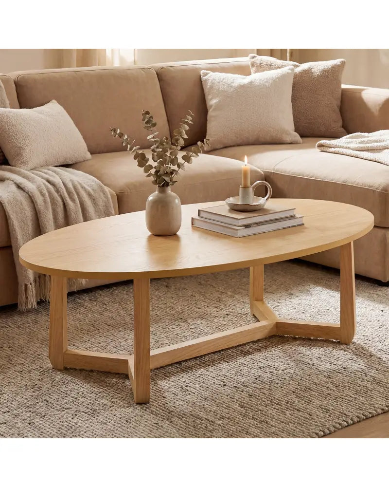 Oval Coffee Table 46 Inches Wooden Accent Table with Thickened Top-Natural - Natural - Coffee Tables
