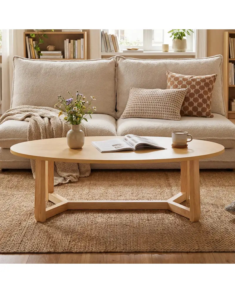 Oval Coffee Table 46 Inches Wooden Accent Table with Thickened Top-Natural - Natural - Coffee Tables