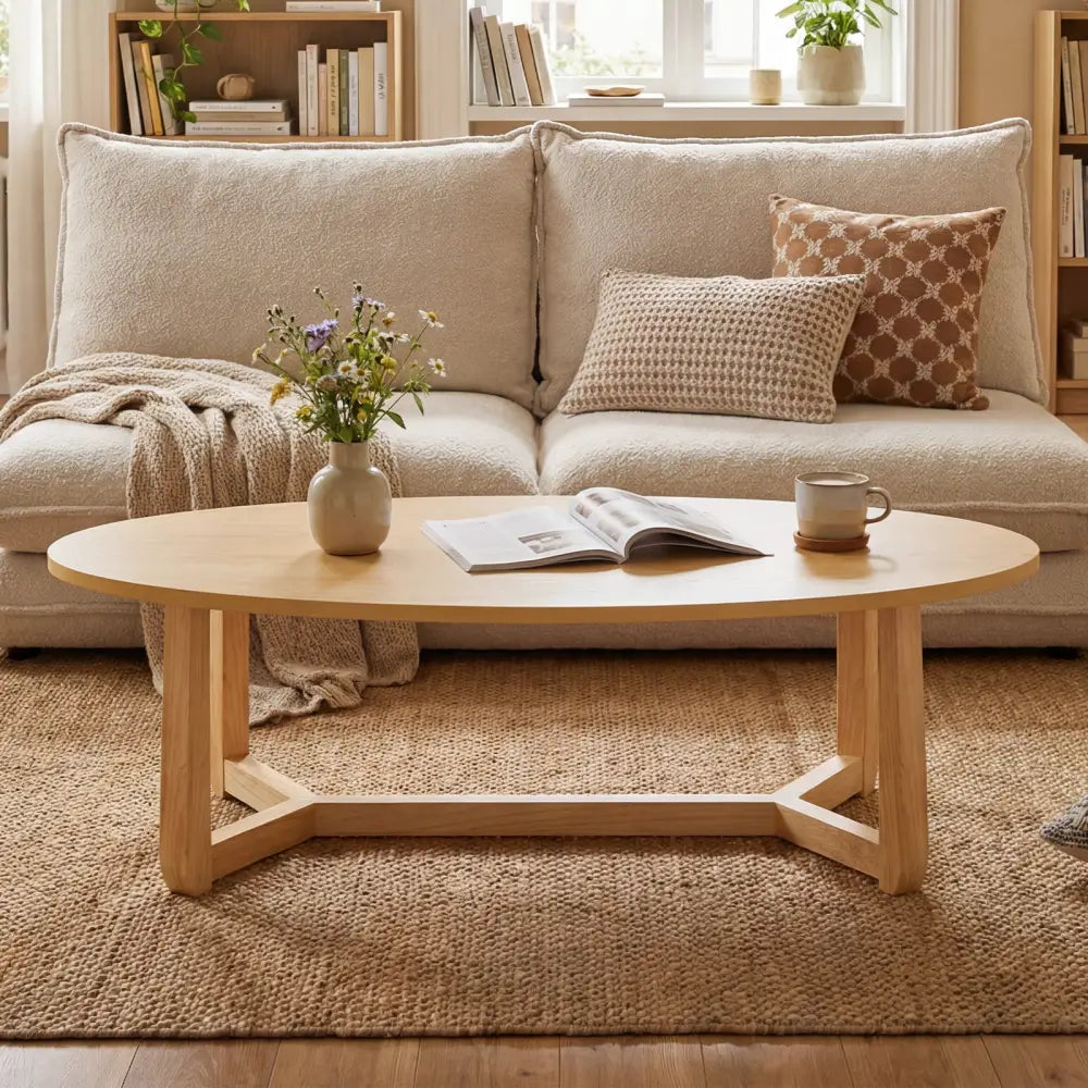 Oval Coffee Table 46 Inches Wooden Accent Table with Thickened Top-Natural - Natural - Coffee Tables