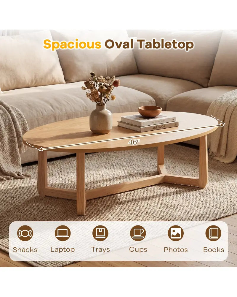 Oval Coffee Table 46 Inches Wooden Accent Table with Thickened Top-Natural - Natural - Coffee Tables