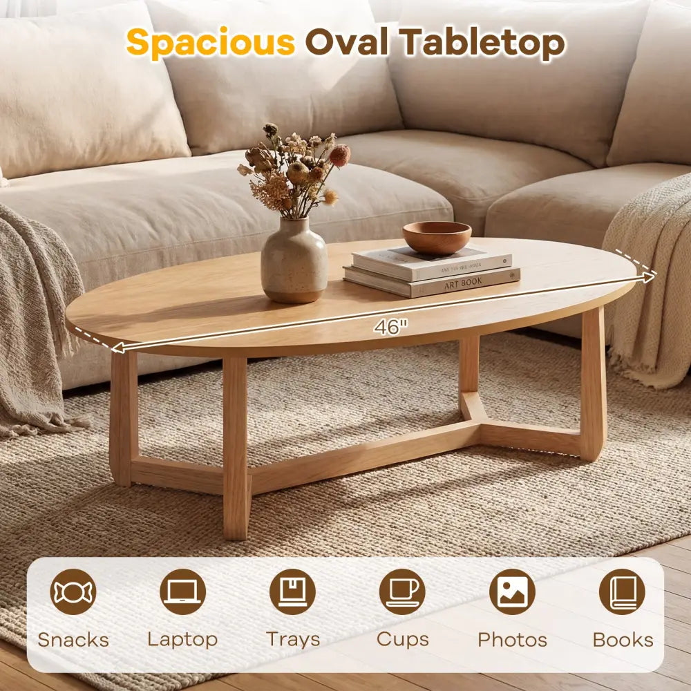 Oval Coffee Table 46 Inches Wooden Accent Table with Thickened Top-Natural - Natural - Coffee Tables