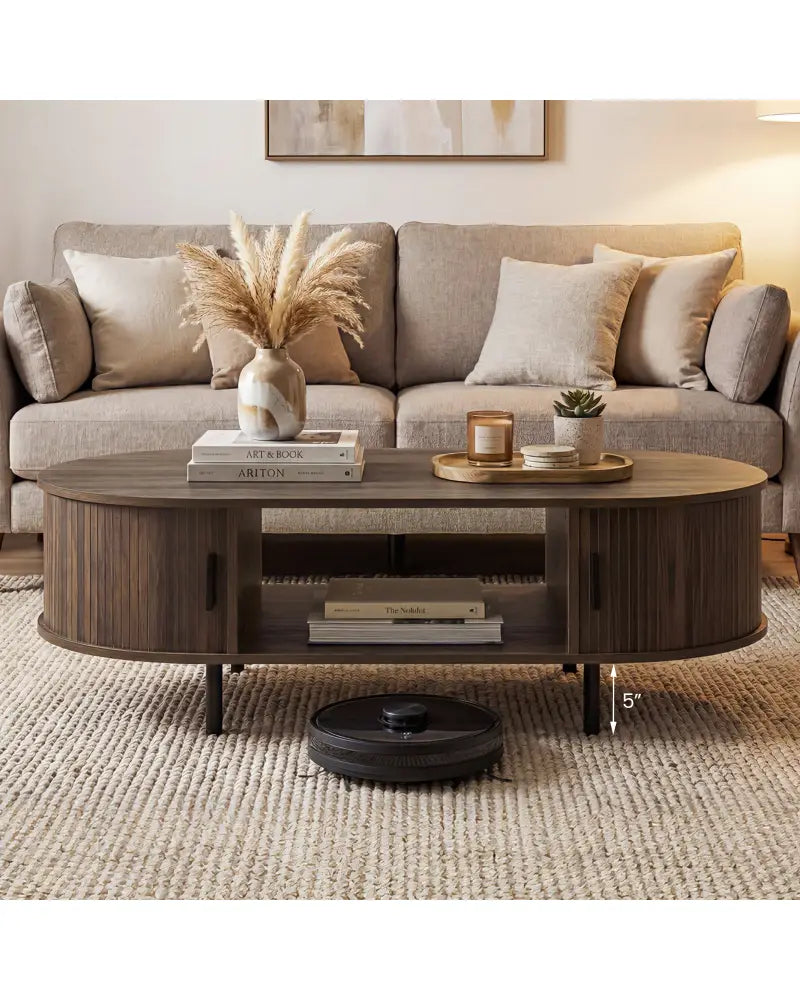 Oval Coffee Table 47.5inch Wooden Center Table with Storage-Walnut - Walnut - Coffee Tables