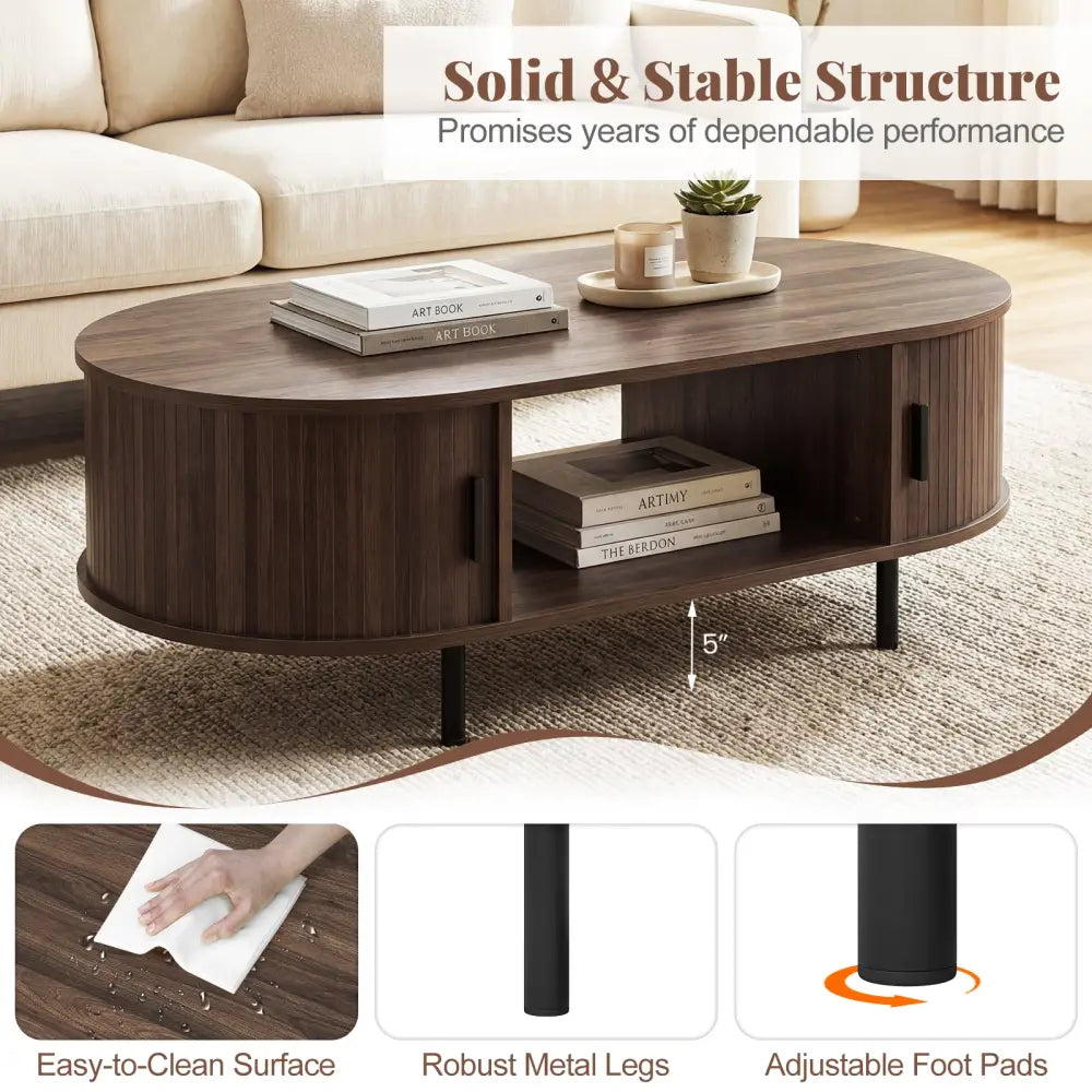 Oval Coffee Table 47.5inch Wooden Center Table with Storage-Walnut - Walnut - Coffee Tables