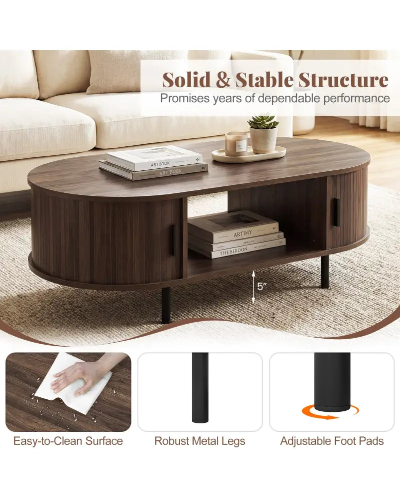 Oval Coffee Table 47.5inch Wooden Center Table with Storage-Walnut - Walnut - Coffee Tables