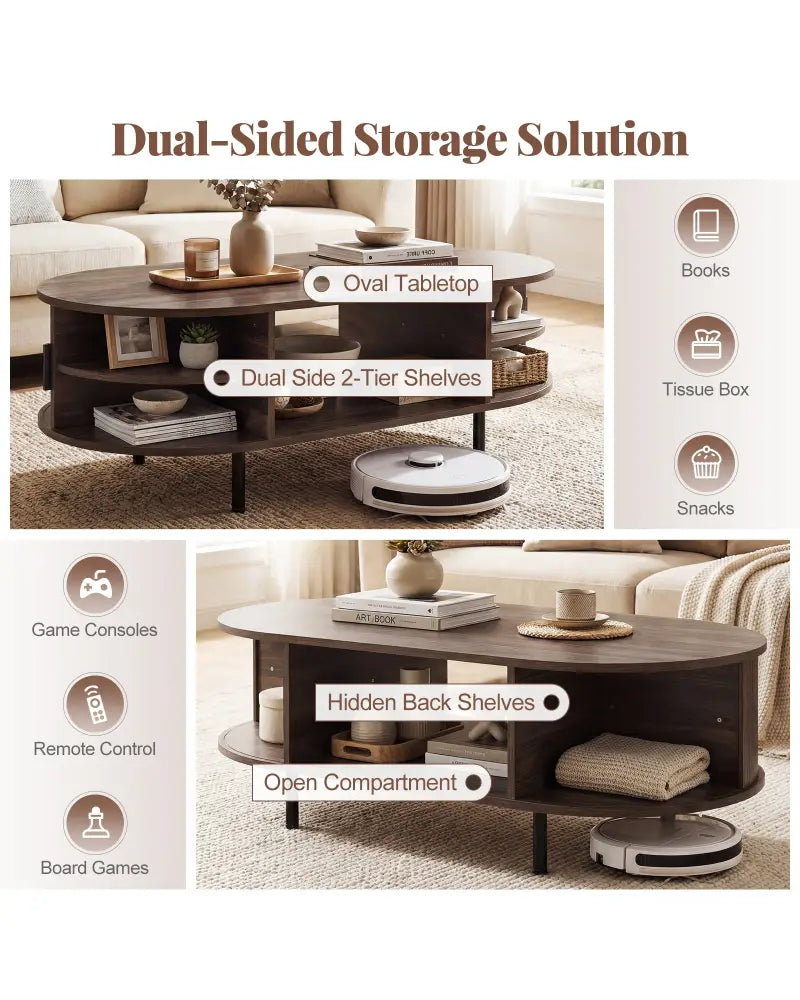 Oval Coffee Table 47.5inch Wooden Center Table with Storage-Walnut - Walnut - Coffee Tables