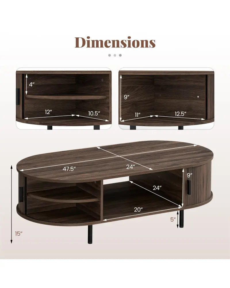 Oval Coffee Table 47.5inch Wooden Center Table with Storage-Walnut - Walnut - Coffee Tables