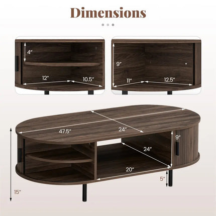 Oval Coffee Table 47.5inch Wooden Center Table with Storage-Walnut - Walnut - Coffee Tables