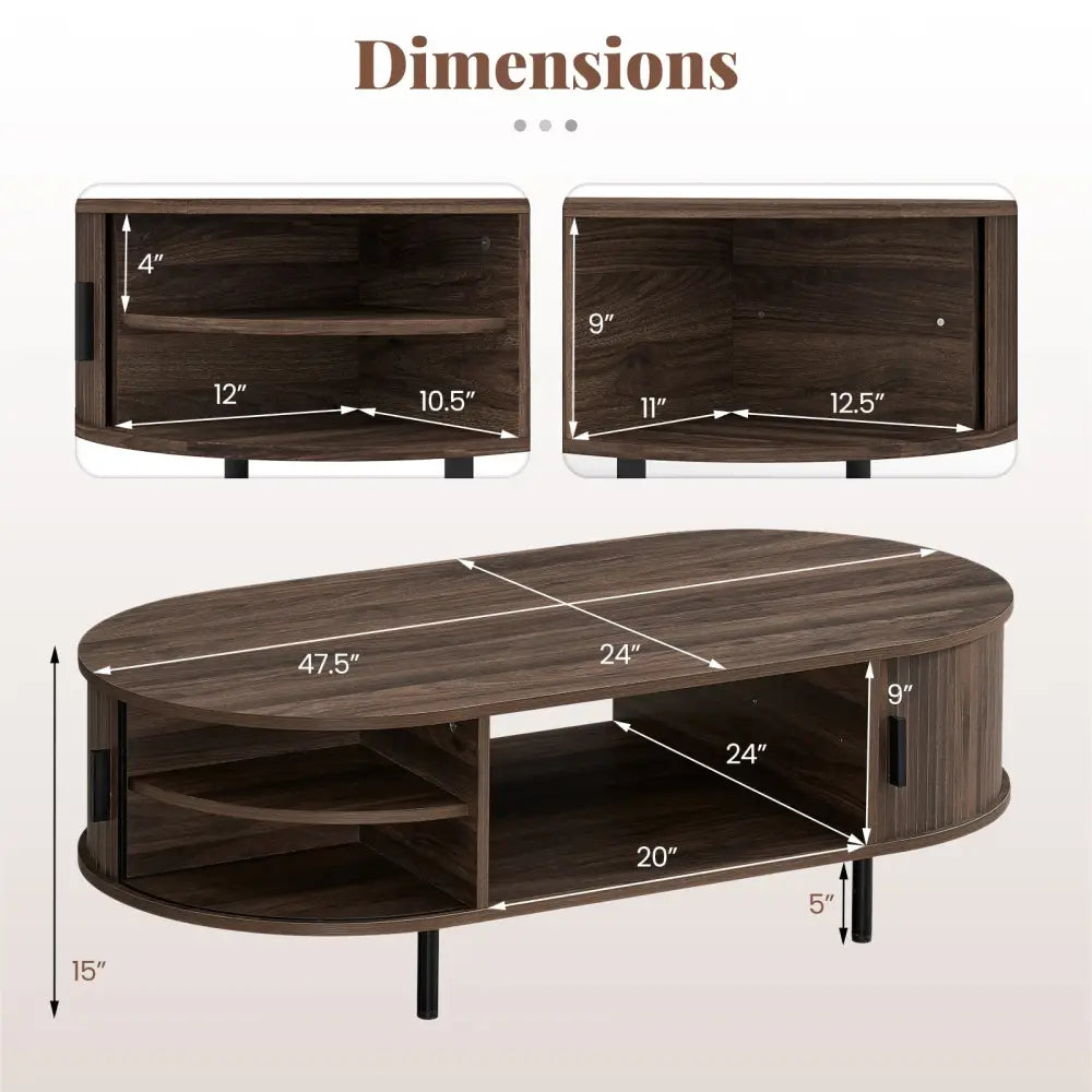 Oval Coffee Table 47.5inch Wooden Center Table with Storage-Walnut - Walnut - Coffee Tables