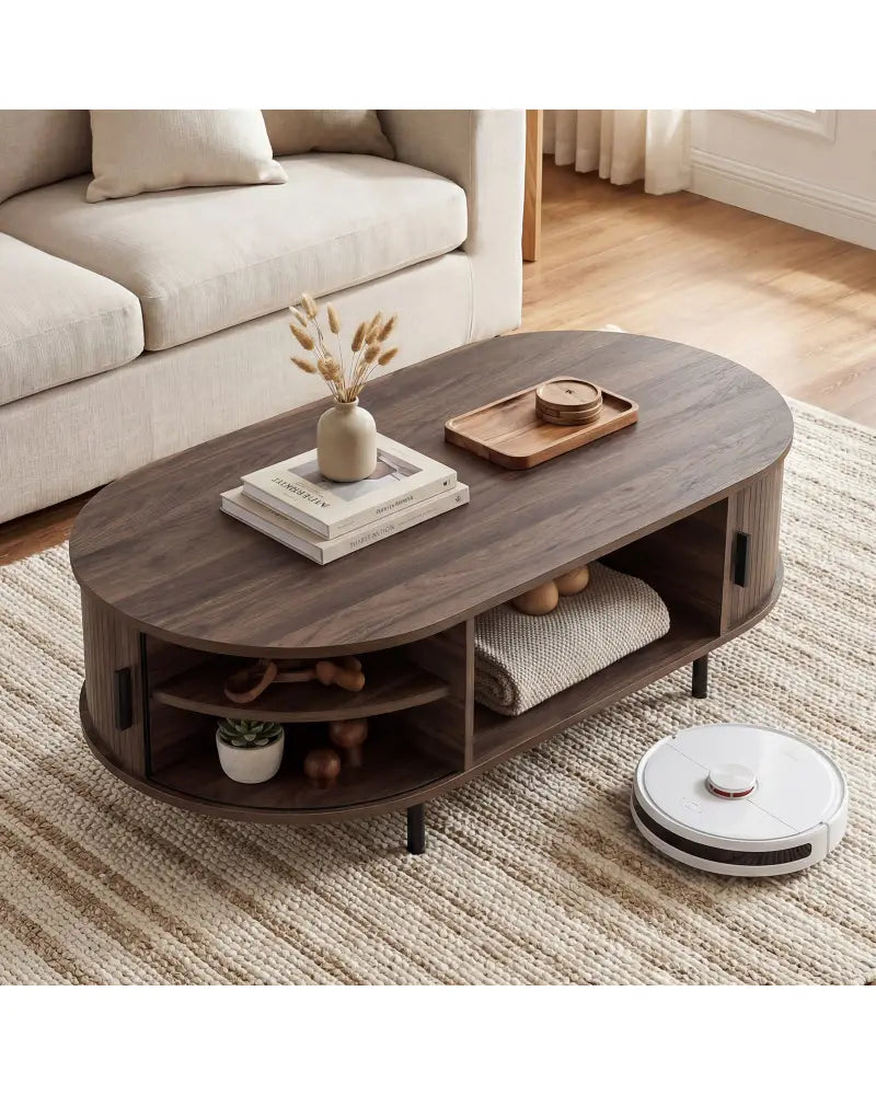 Oval Coffee Table 47.5inch Wooden Center Table with Storage-Walnut - Walnut - Coffee Tables