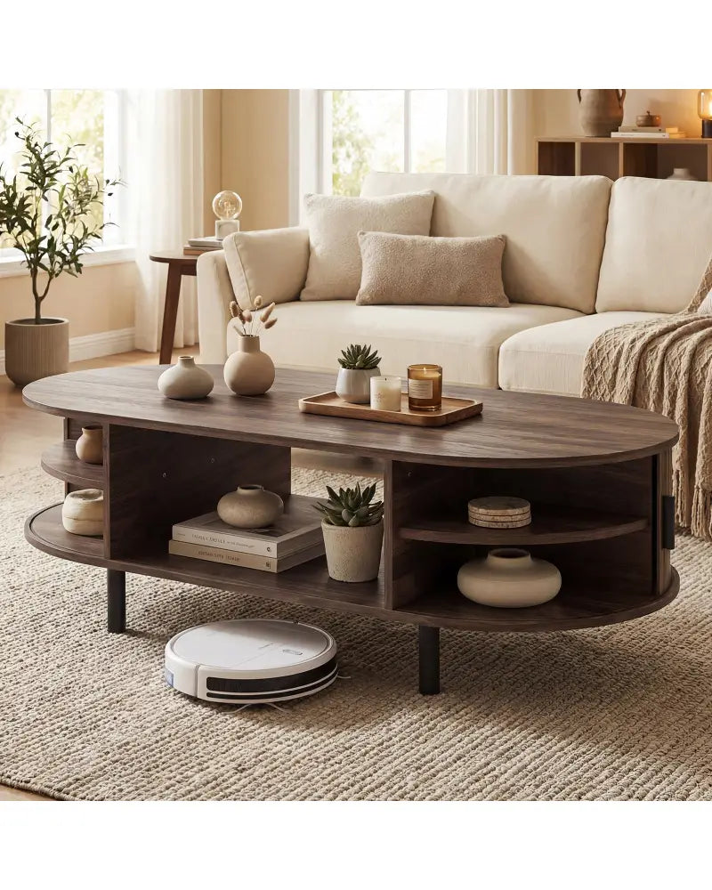 Oval Coffee Table 47.5inch Wooden Center Table with Storage-Walnut - Walnut - Coffee Tables