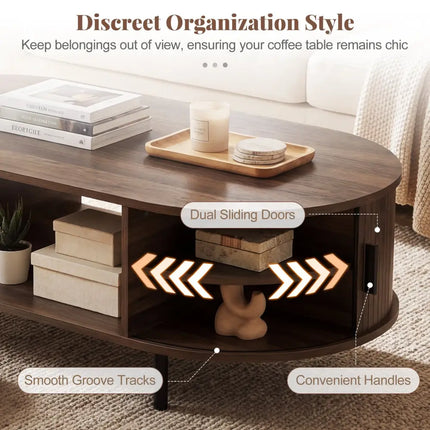 Oval Coffee Table 47.5inch Wooden Center Table with Storage-Walnut - Walnut - Coffee Tables