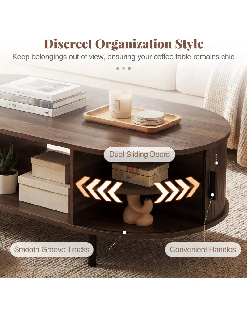 Oval Coffee Table 47.5inch Wooden Center Table with Storage-Walnut - Walnut - Coffee Tables