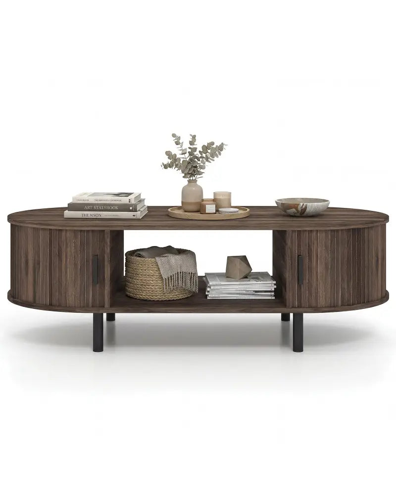 Oval Coffee Table 47.5inch Wooden Center Table with Storage-Walnut - Walnut - Coffee Tables