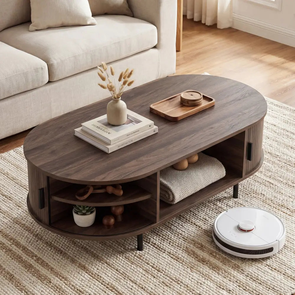 Oval Coffee Table 47.5inch Wooden Center Table with Storage-Walnut - Walnut - Coffee Tables