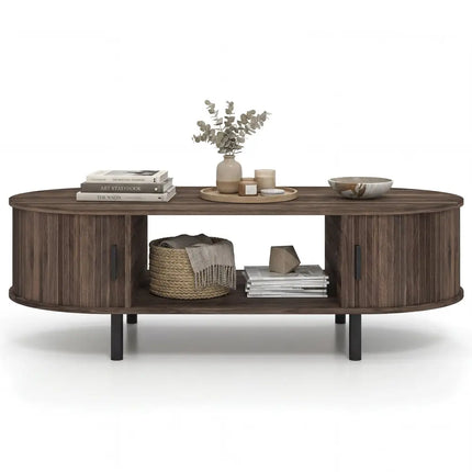 Oval Coffee Table 47.5inch Wooden Center Table with Storage-Walnut - Walnut - Coffee Tables