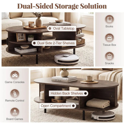 Oval Coffee Table 47.5inch Wooden Center Table with Storage-Walnut - Walnut - Coffee Tables