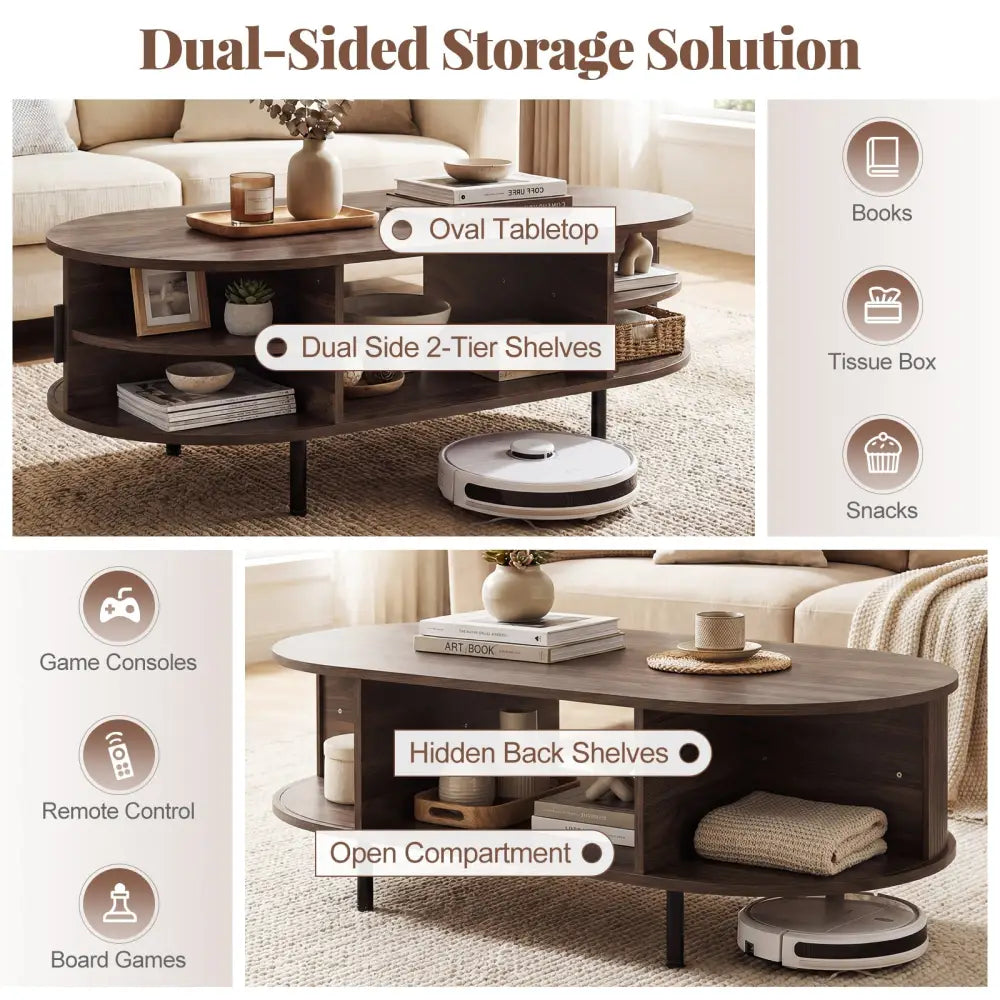 Oval Coffee Table 47.5inch Wooden Center Table with Storage-Walnut - Walnut - Coffee Tables