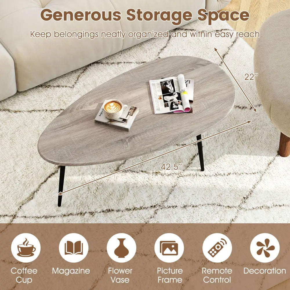 Oval Coffee Table Mid Century Center Table with Sturdy Metal Construction-Gray - Gray - Coffee Tables