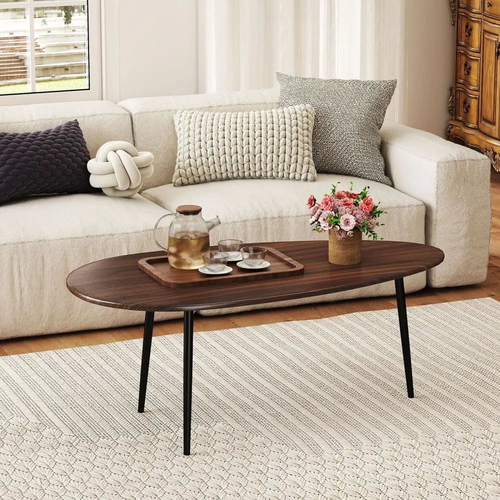 Oval Coffee Table Mid Century Center Table with Sturdy Metal Construction-Walnut - Walnut - Coffee Tables