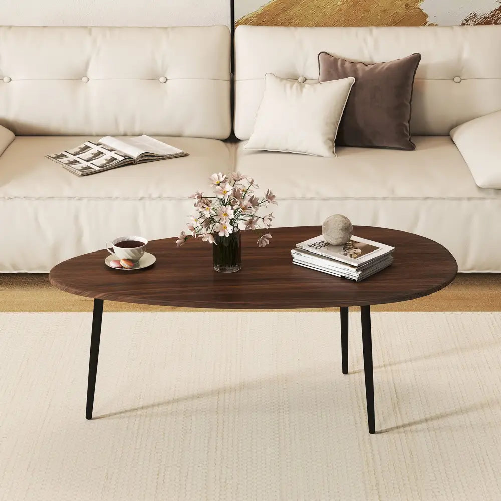 Oval Coffee Table Mid Century Center Table with Sturdy Metal Construction-Walnut - Walnut - Coffee Tables