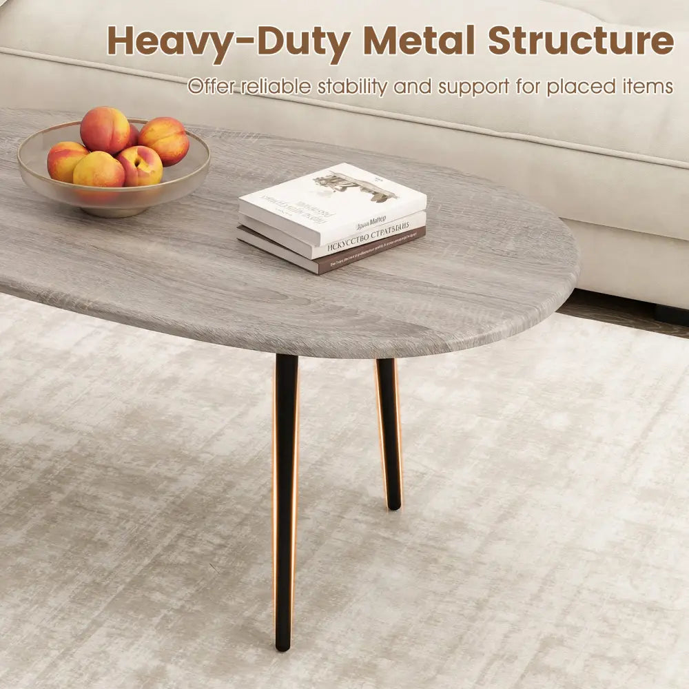 Oval Coffee Table Mid Century Center Table with Sturdy Metal Construction-Gray - Gray - Coffee Tables