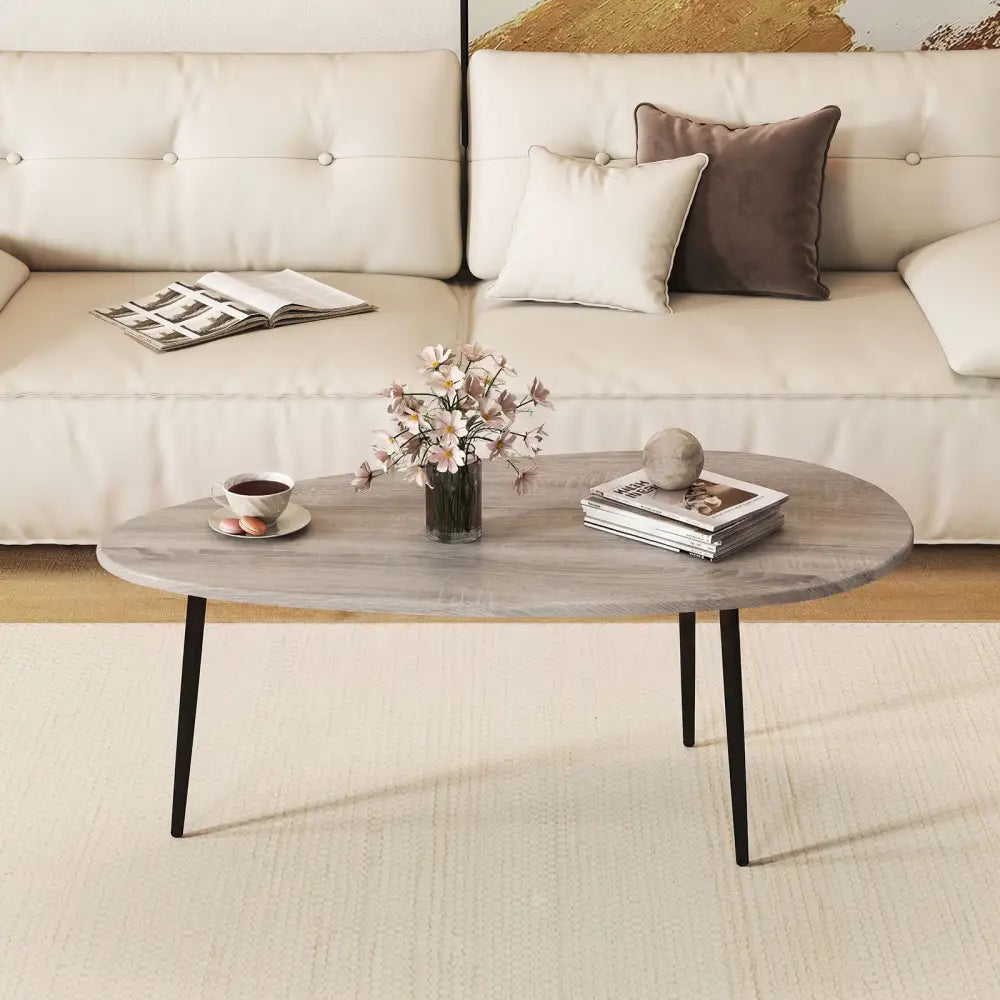 Oval Coffee Table Mid Century Center Table with Sturdy Metal Construction-Gray - Gray - Coffee Tables