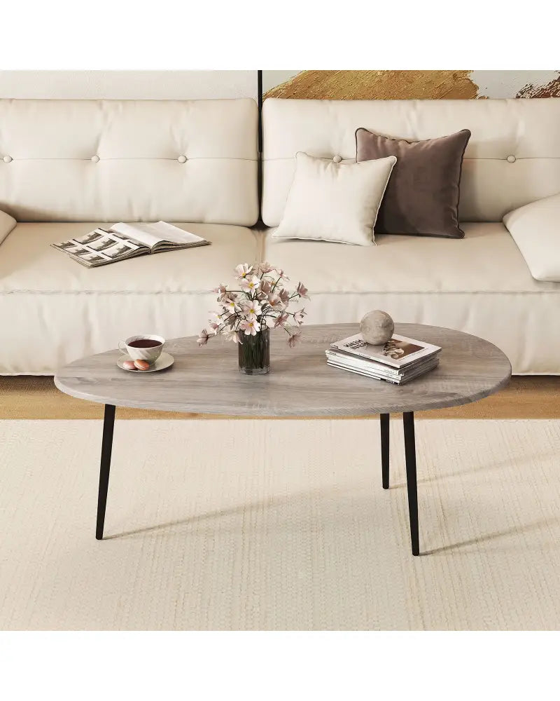 Oval Coffee Table Mid Century Center Table with Sturdy Metal Construction-Gray - Gray - Coffee Tables