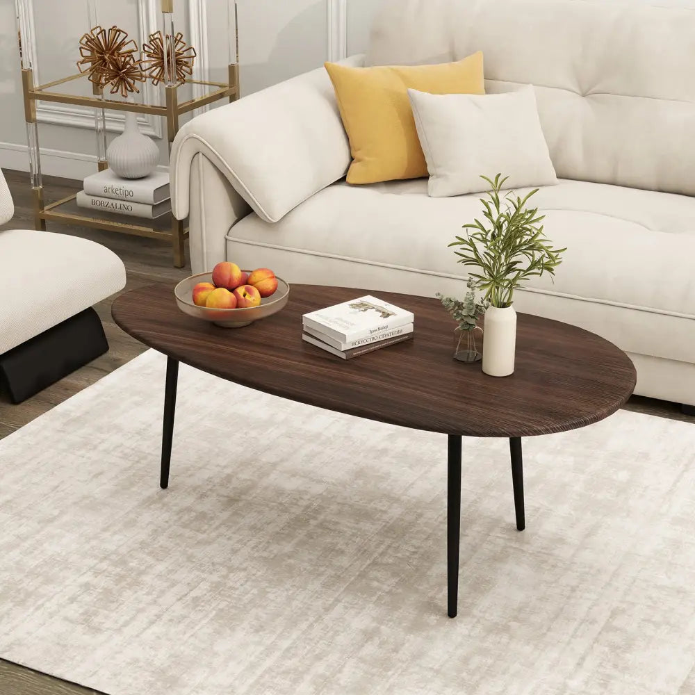 Oval Coffee Table Mid Century Center Table with Sturdy Metal Construction-Walnut - Walnut - Coffee Tables
