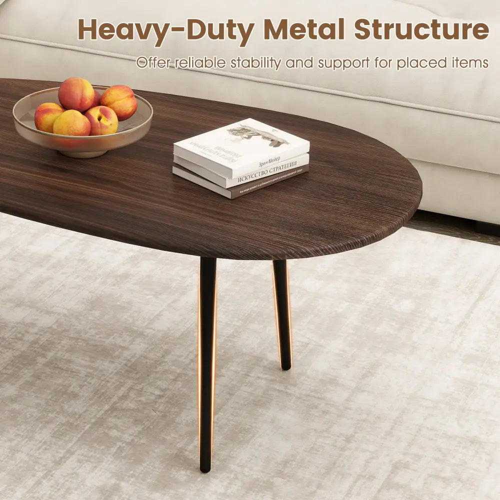 Oval Coffee Table Mid Century Center Table with Sturdy Metal Construction-Walnut - Walnut - Coffee Tables