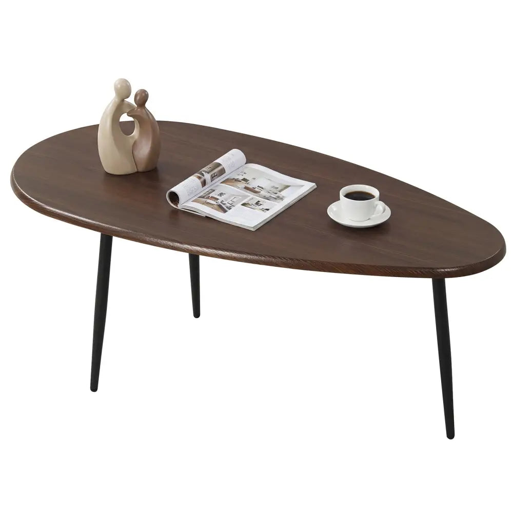 Oval Coffee Table Mid Century Center Table with Sturdy Metal Construction-Walnut - Walnut - Coffee Tables