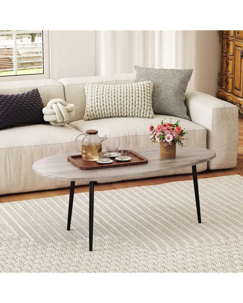 Oval Coffee Table Mid Century Center Table with Sturdy Metal Construction-Gray - Gray - Coffee Tables