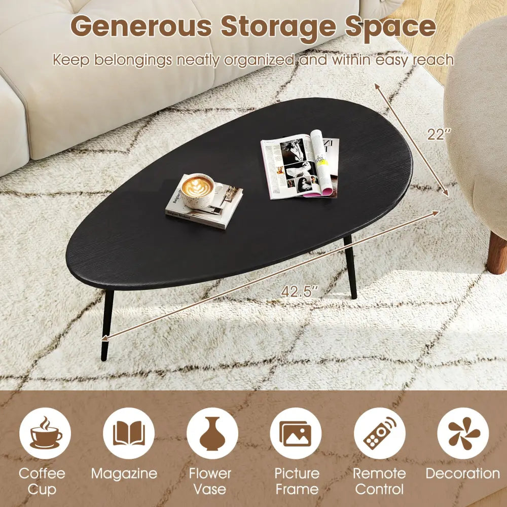 Oval Coffee Table Mid Century Center Table with Sturdy Metal Construction-Black - Black - Coffee Tables