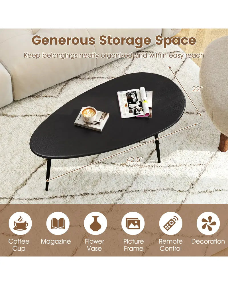 Oval Coffee Table Mid Century Center Table with Sturdy Metal Construction-Black - Black - Coffee Tables
