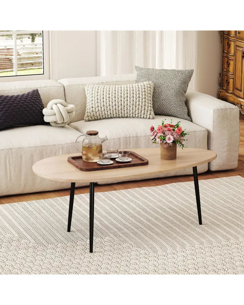 Oval Coffee Table Mid Century Center Table with Sturdy Metal Construction-Natural - Natural - Coffee Tables
