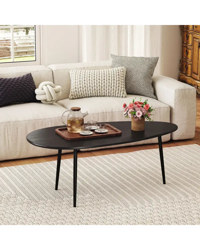Oval Coffee Table Mid Century Center Table with Sturdy Metal Construction-Black - Black - Coffee Tables