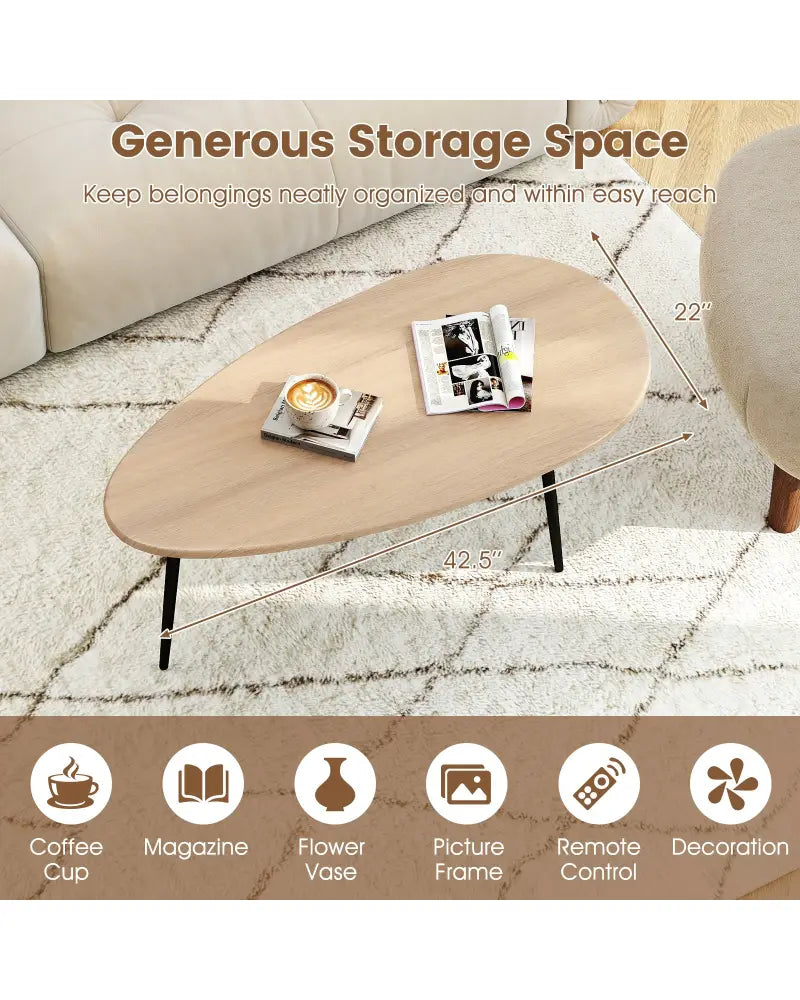 Oval Coffee Table Mid Century Center Table with Sturdy Metal Construction-Natural - Natural - Coffee Tables