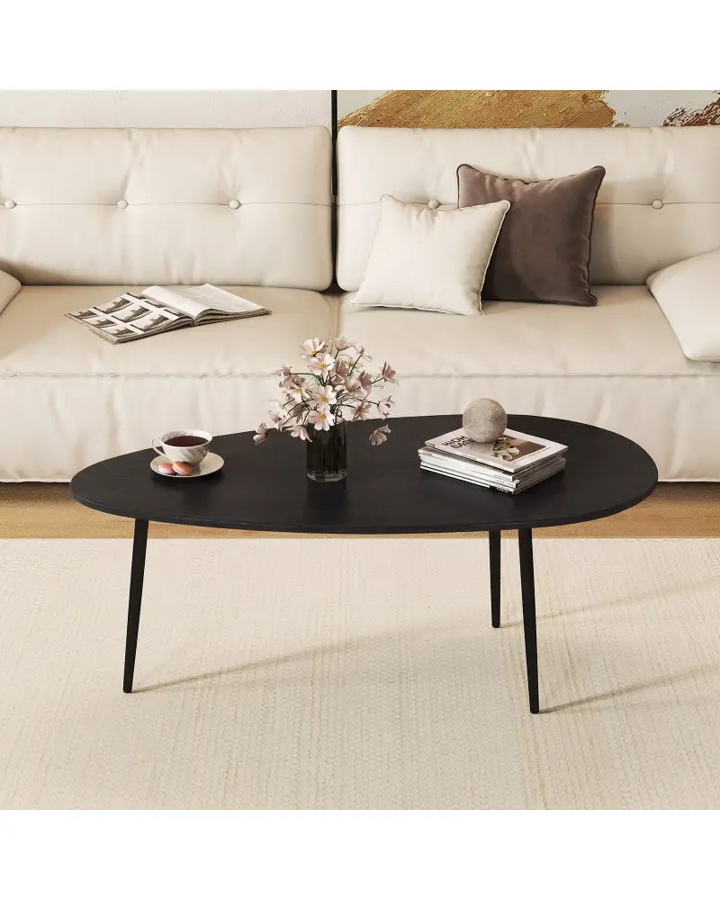 Oval Coffee Table Mid Century Center Table with Sturdy Metal Construction-Black - Black - Coffee Tables
