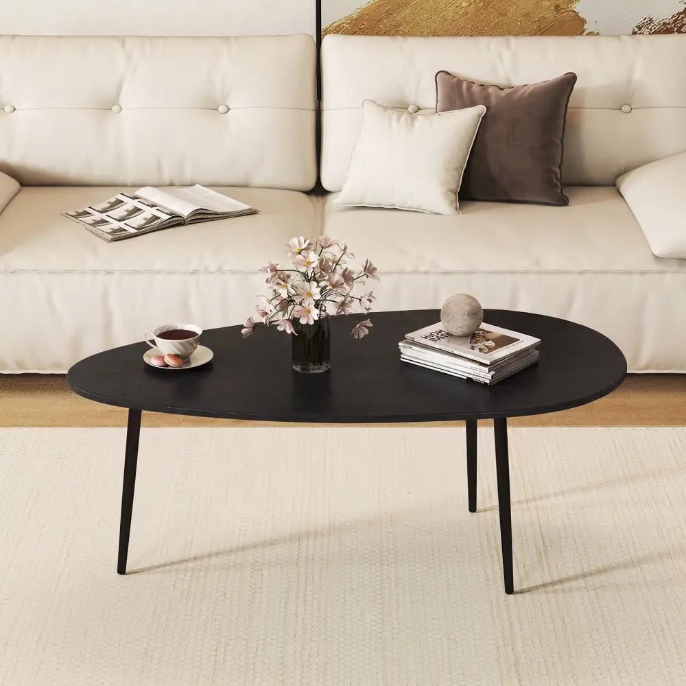 Oval Coffee Table Mid Century Center Table with Sturdy Metal Construction-Black - Black - Coffee Tables