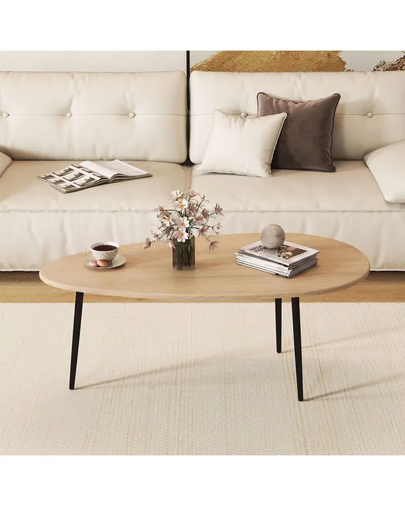 Oval Coffee Table Mid Century Center Table with Sturdy Metal Construction-Natural - Natural - Coffee Tables