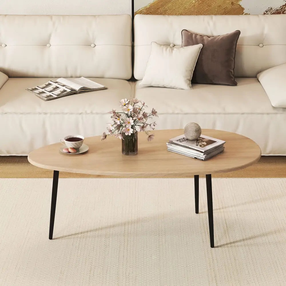 Oval Coffee Table Mid Century Center Table with Sturdy Metal Construction-Natural - Natural - Coffee Tables