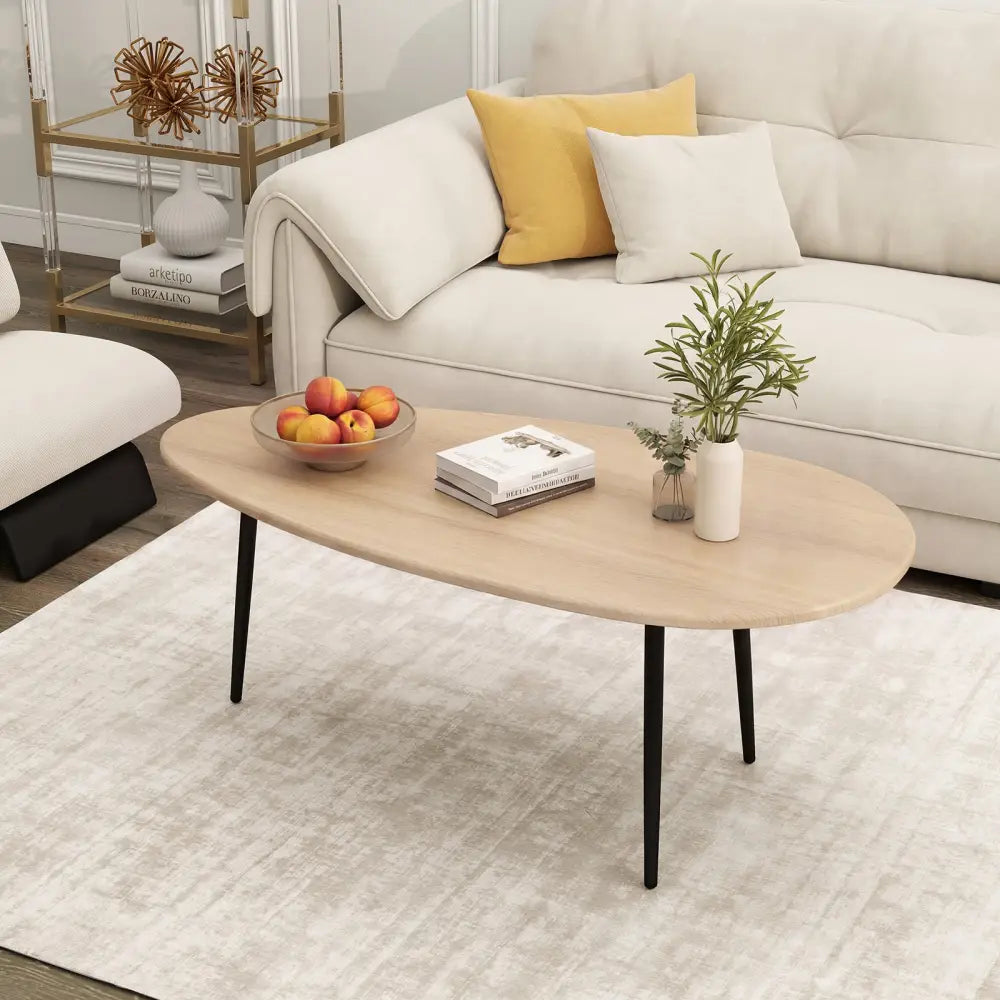 Oval Coffee Table Mid Century Center Table with Sturdy Metal Construction-Natural - Natural - Coffee Tables