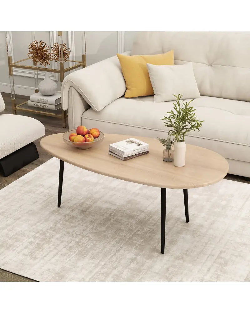 Oval Coffee Table Mid Century Center Table with Sturdy Metal Construction-Natural - Natural - Coffee Tables