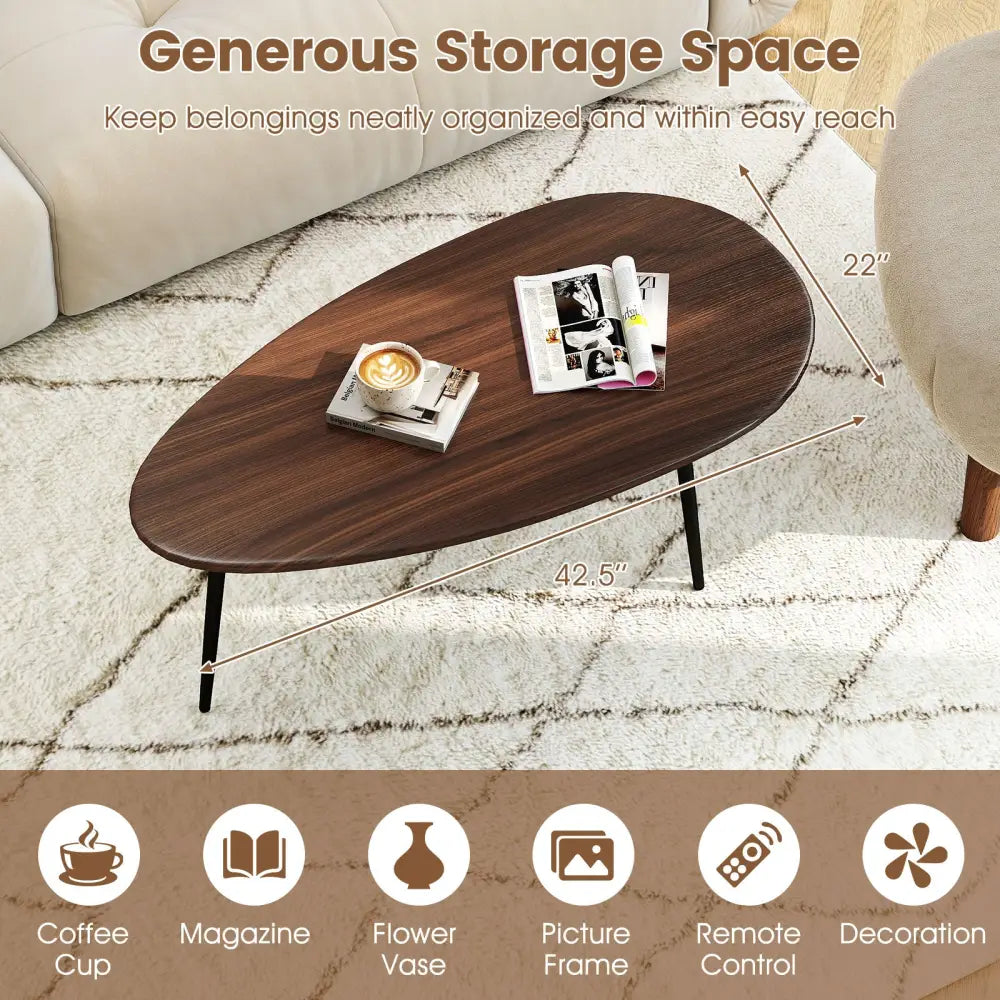Oval Coffee Table Mid Century Center Table with Sturdy Metal Construction-Walnut - Walnut - Coffee Tables