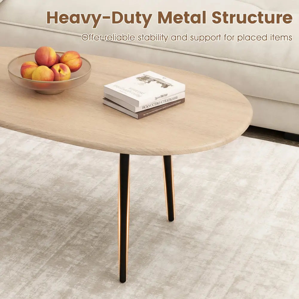Oval Coffee Table Mid Century Center Table with Sturdy Metal Construction-Natural - Natural - Coffee Tables