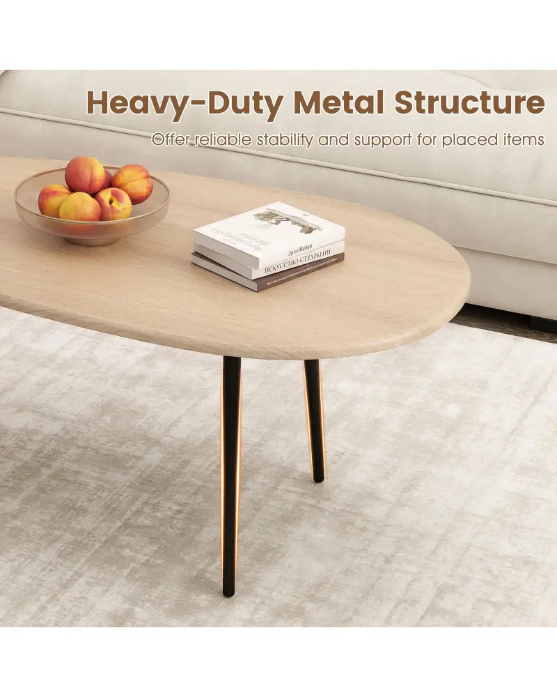 Oval Coffee Table Mid Century Center Table with Sturdy Metal Construction-Natural - Natural - Coffee Tables